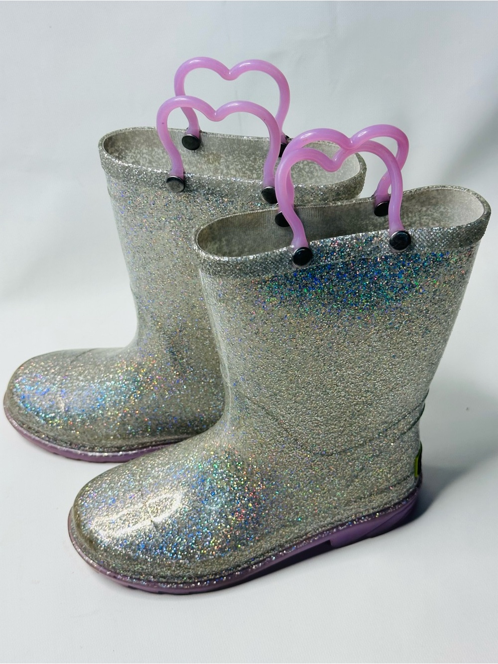 Western Chief Girls Silver Glitter Lighted Rain Boots Purple Sole US 12 EU 30